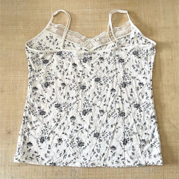 GAP Body Y2K Cami Top Size L Laced Neckline Knit Ivory Floral Black Lined 90s - Picture 6 of 9